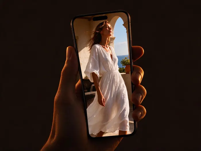 Mano che tiene uno smartphone con un video di moda in verticale